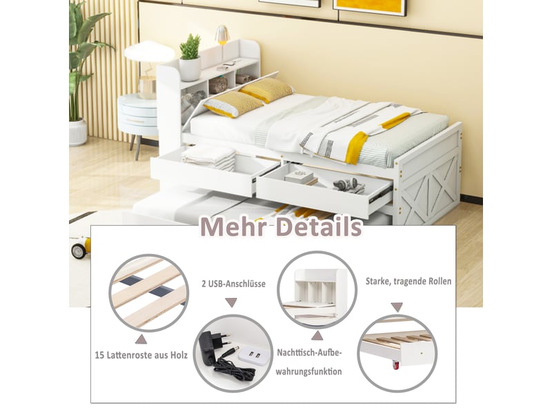 Lit simple 90x190 en bois massif avec tiroirs et lit gigogne, lit enfant blanc multifonction avec rangement et prise usb. - Conforama C