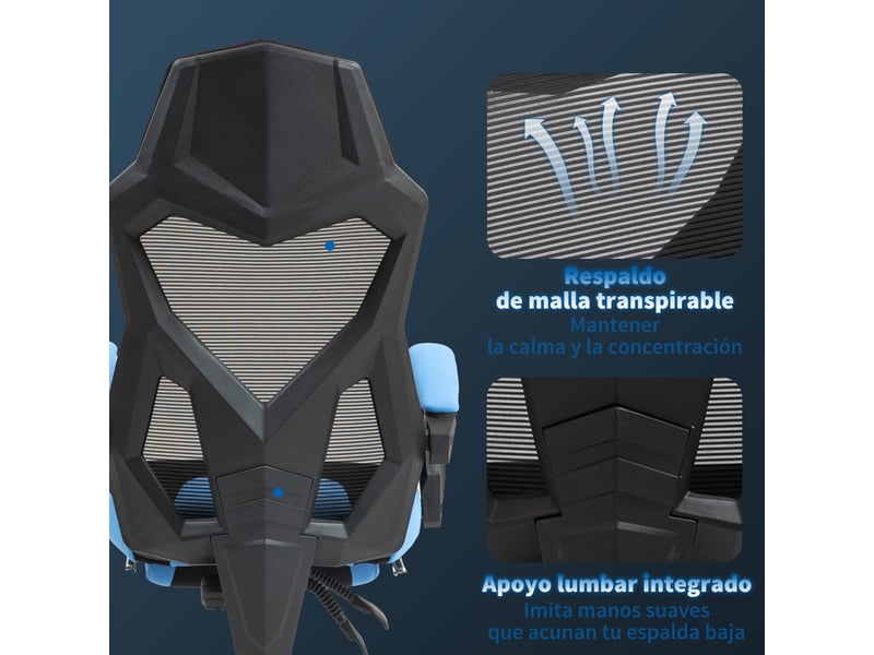 Chaise gaming avec repose-pieds, hauteur réglable, dossier inclinable 135°, bleu et noir - Conforama R
