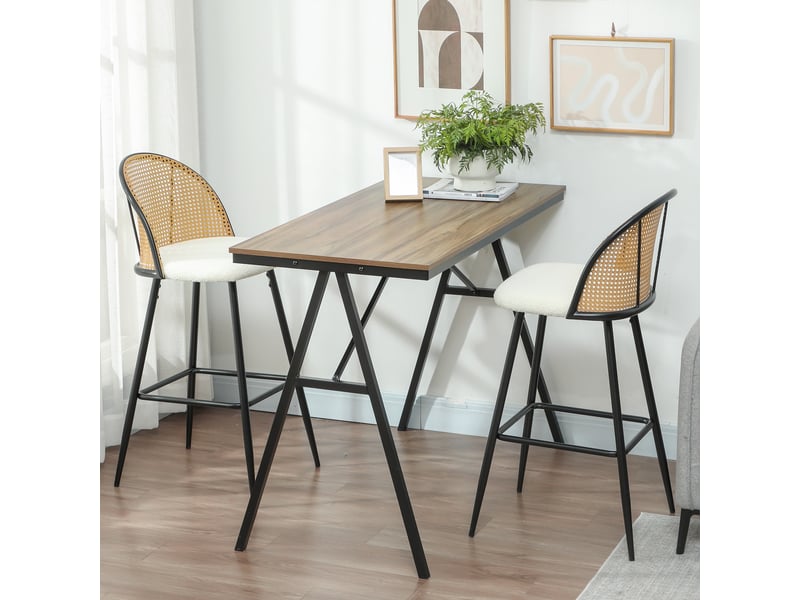  Ensemble de 2 tabourets de bar avec dossier en rotin, assise rembourrée en peau de mouton, structure en acier et repose-pieds, couleur crème  - Conforama D