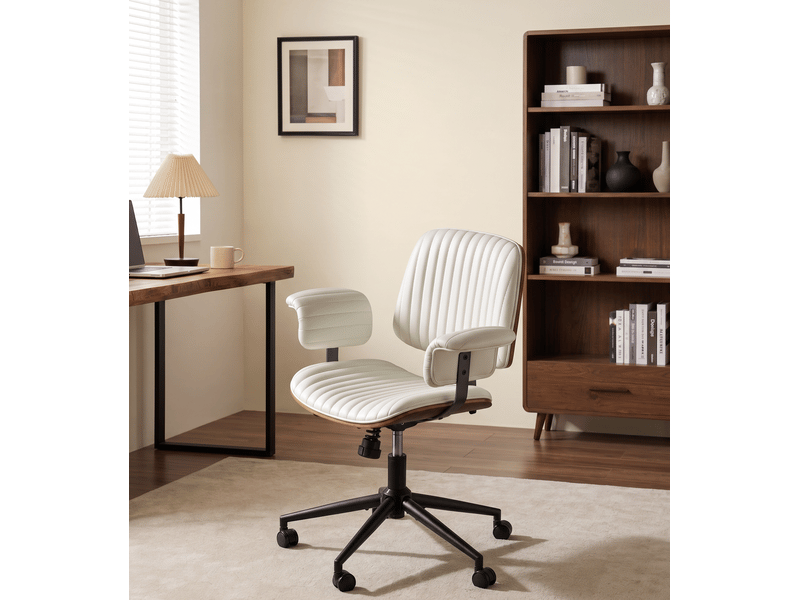  Fauteuil de bureau beige en cuir pu, pivotant à 360°, réglable en hauteur et à roulettes  - Conforama B