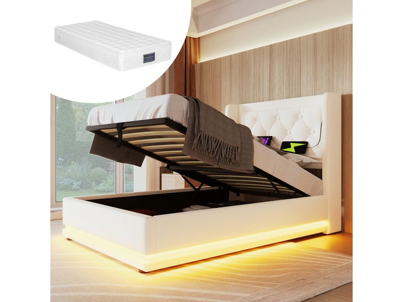  Lit rembourré 90*200 cm avec usb-c, led 3 côtés et coffre hydraulique, lit simple blanc pu, matelas inclus  - Conforama D