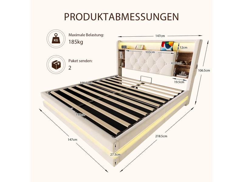  Lit coffre rembourré 140 x 200 cm, rangement hydraulique, tête de lit avec étagères, led, 2 usbtype-c, sommier à lattes, velours, beige Seren Glow - Conforama C
