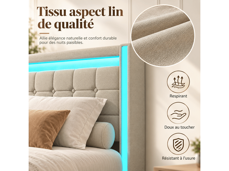  Lit double 180x200 cm,lit adulte,led et chargement usb, 4 tiroirs,sommier à lattes,lit 2 personnes pour adultes, lin ,beige  - Conforama E