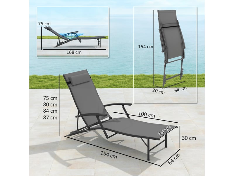  Ensemble de 2 chaises longues de jardin pliantes avec dossier réglable sur 4 niveaux et coussin, grises  - Conforama D