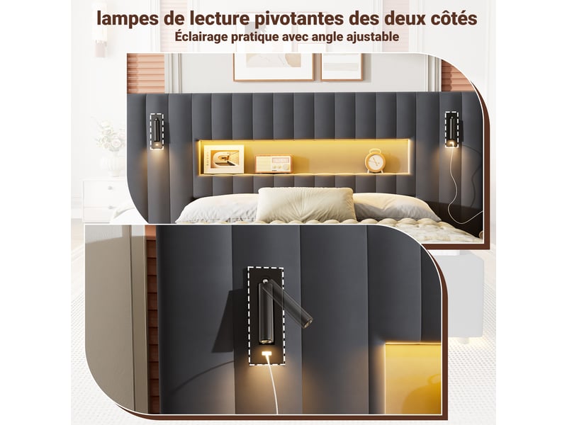 Lit coffre hydraulique ulevr 140 x 200 cm avec 2 tables de chevet, liseuses réglables led et 2 ports usb, velours gris foncégris  - Conforama E