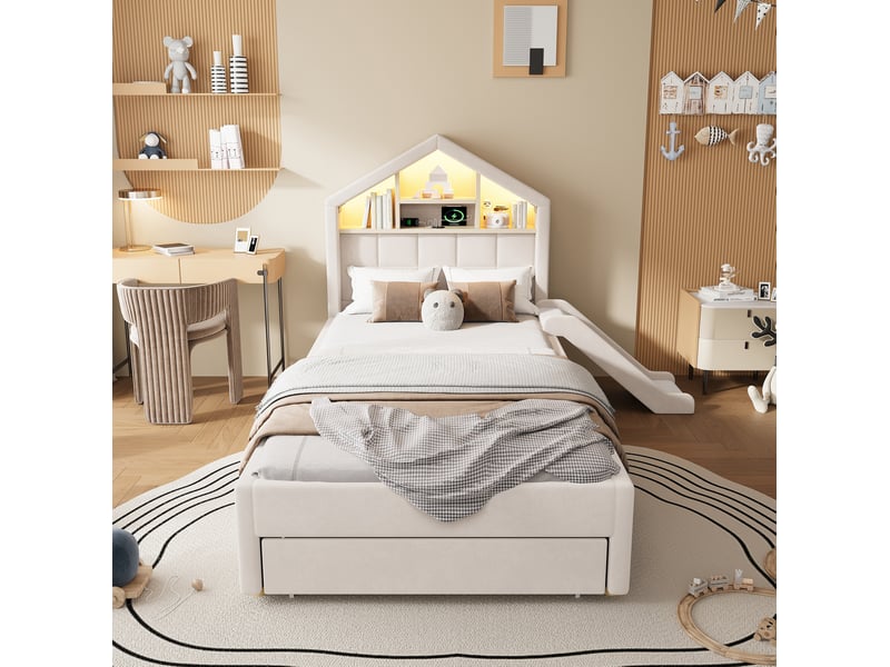  Lit enfant cabane 90x200 cm en velours beige avec toboggan et led, sans matelas  - Conforama B