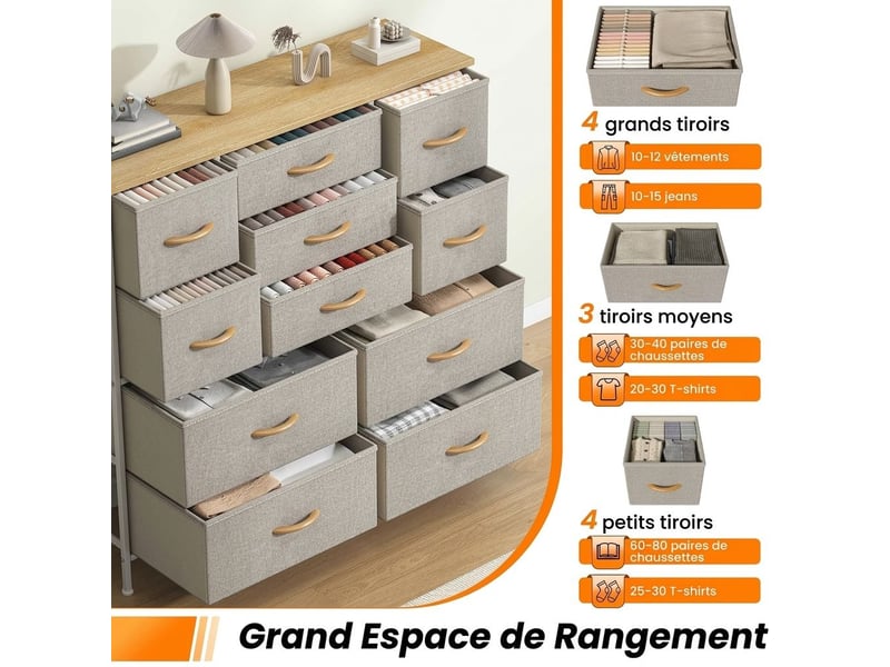  Chiffonnier meuble 100x30x97 cm onze tiroirs tissu kaki et metal blanc chambre  - Conforama C