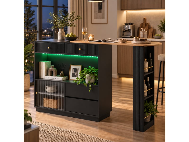 Îlot de cuisine 120x30x100 cm plateau extensible tiroirs portes de rangement éclairage led étagères en verre noir OPULERANE TRADING LTD - Conforama B