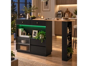 Îlot de cuisine 120x30x100 cm plateau extensible tiroirs portes de rangement éclairage led étagères en verre noir
