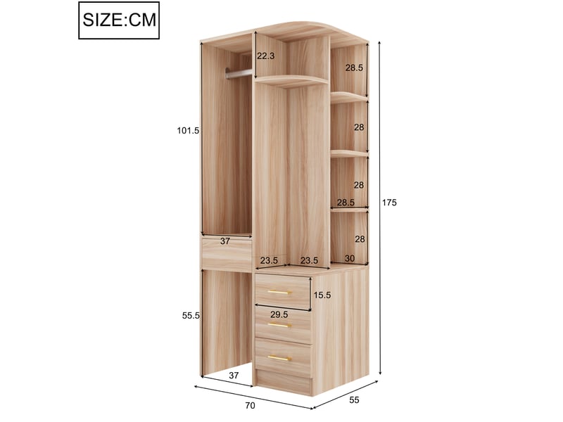 Armoire 70x55x175 cm avec penderie et tiroirs mdf couleur bois - Conforama E