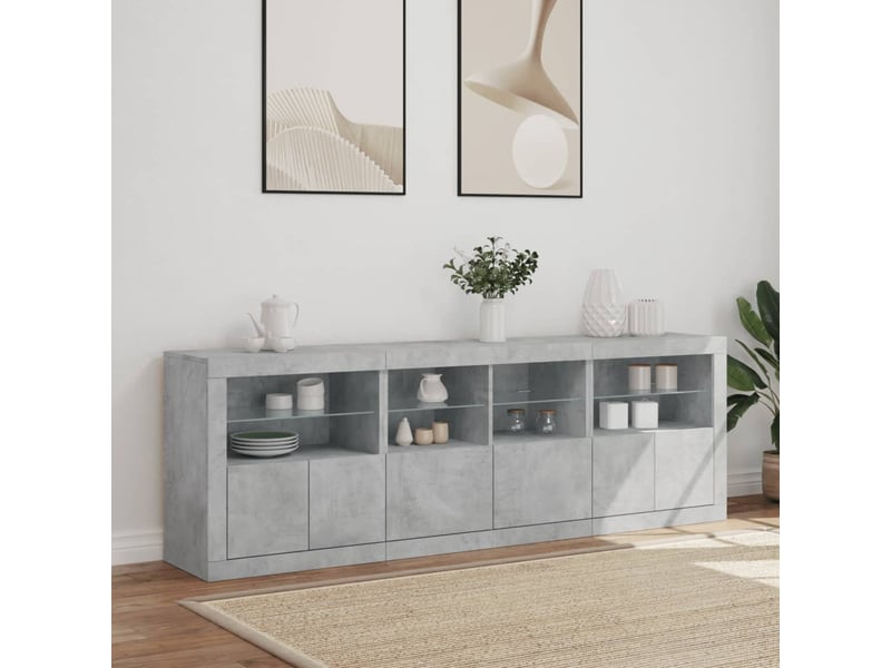  Buffet - bahut - meuble de rangement avec lumières led gris béton 202x37x67 cm  - Conforama D