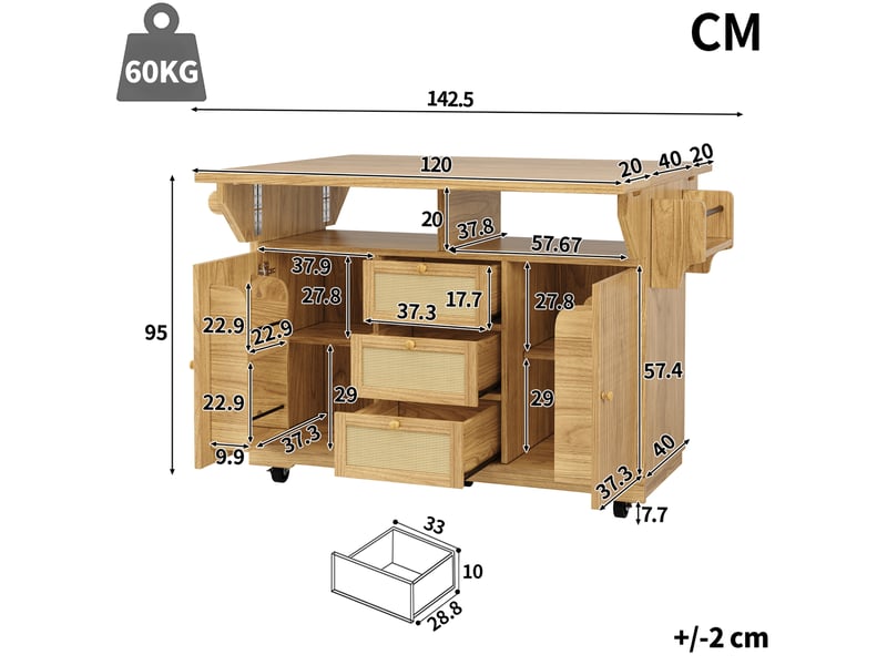  Desserte de cuisine extensible avec 3 tiroirs 2 portes et étagères réglables sur roulettes pour cuisine et balcon  - Conforama E