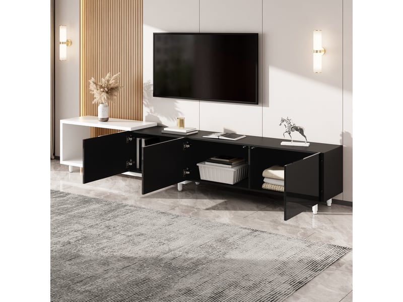  Meuble tv extensible 258x38x48,5 cm - meuble bas tv avec 3 portes brillantes, rangement, charnières silencieuses, mdf et métal - noir et blanc  - Conforama D