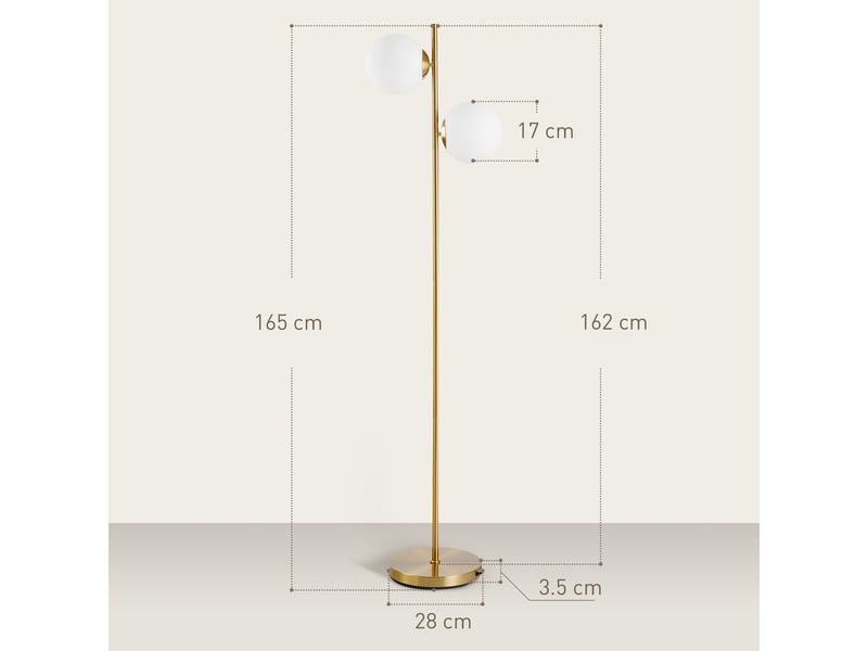 Lampadaire à 2 lampes avec abat-jour sphériques, interrupteur au pied et douille e27, ø 28 x 165 cm, doré  - Conforama E