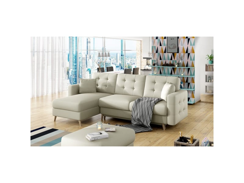 Canapé d'angle convertible hasgard 3 places beige 248x162 cm – coffre et pieds bois - Conforama B