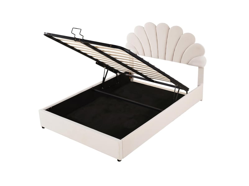 Lit enfant 140x200cm, lit 2 places, lit coffre, sommier et tête de lit intégrée, velours beige, sans matelas - Conforama A
