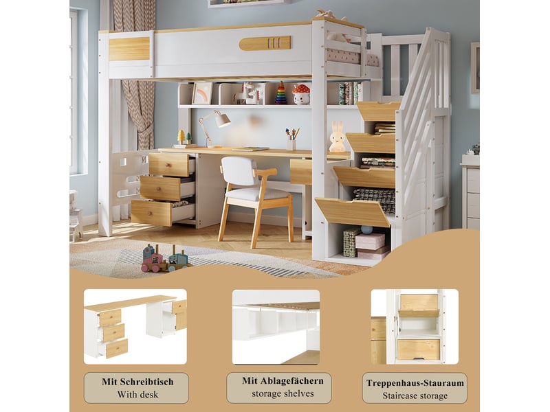  Lit mezzanine enfant 90 × 200 cm 1 place avec bureau, tiroirs et escalier de rangement, sans matelas, blanc et bois naturel  - Conforama E