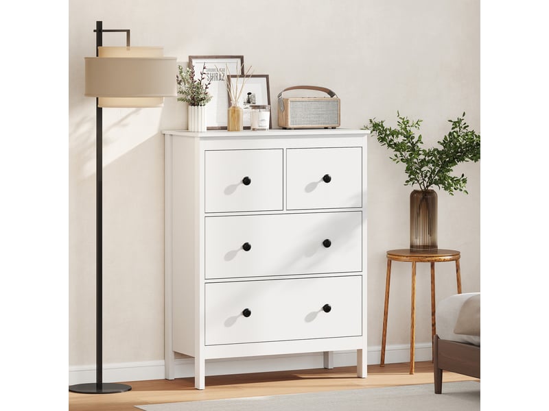  Commode à 4 tiroirs, pour vêtements et linge de lit, salon, chambre, couloir, panneaux de particules, blanc  - Conforama C