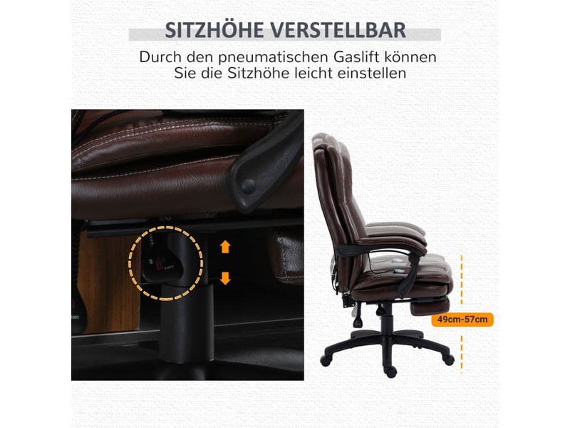 Fauteuil de bureau ergonomique avec massage électrique - chaise pivotante inclinable avec repose-pieds, appui-tête, simili cuir marron, 68,5x68,5x113-121 cm - Conforama D