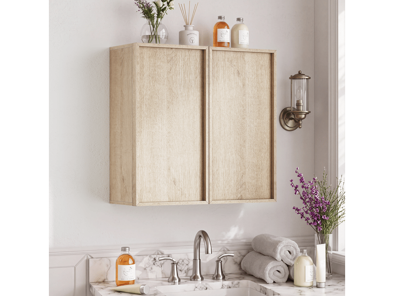 Armoire de salle de bain murale 2 portes sans poignées, rangement fermé, en mdf aspect chêne, 60 × 21,6 × 58 cm - Conforama B