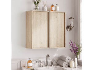 Armoire de salle de bain murale 2 portes sans poignées, rangement fermé, en mdf aspect chêne, 60 × 21,6 × 58 cm