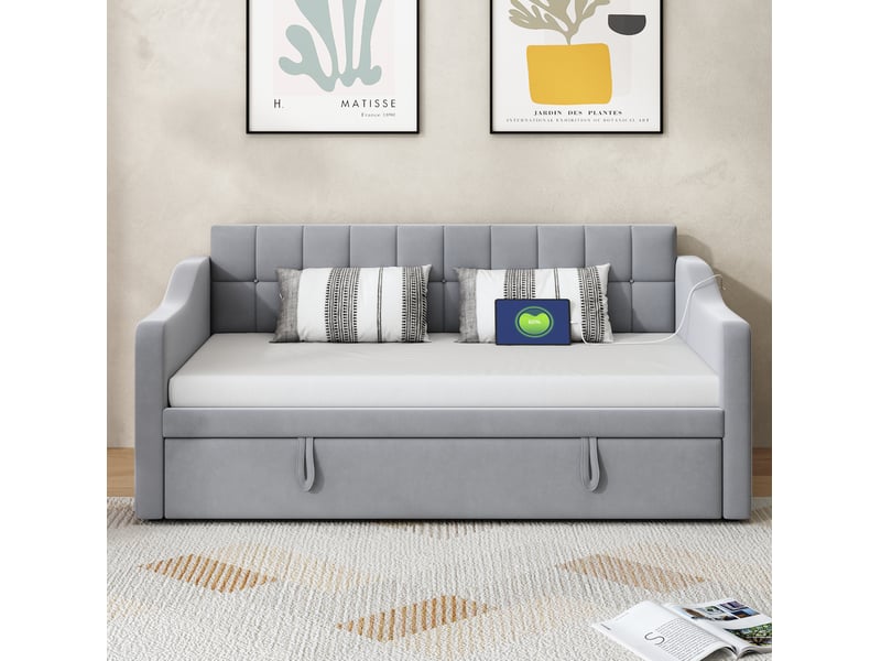  Lit gigogne 90x190 cm, lit enfant, lit double, charge, sac de rangement, métal et mdf, velours, gris clair sans matelas  - Conforama E
