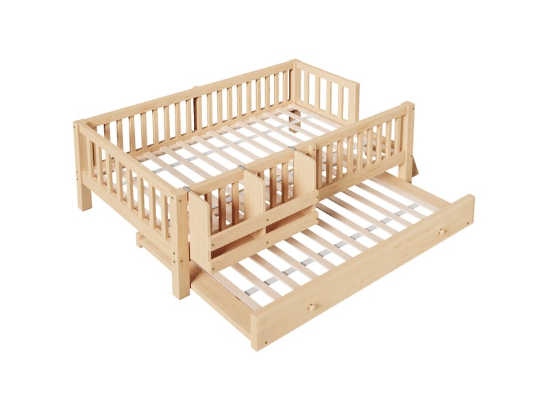  Lit plateforme en bois 90x200 avec barrière de sécurité et méridienne, couleur bois  - Conforama E