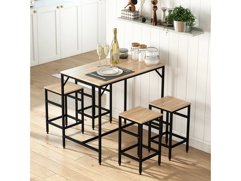  Ensemble table de bar industriel + 4 tabourets cadre en métal noir repose-pieds en bois couleur chêne clair  - Conforama D