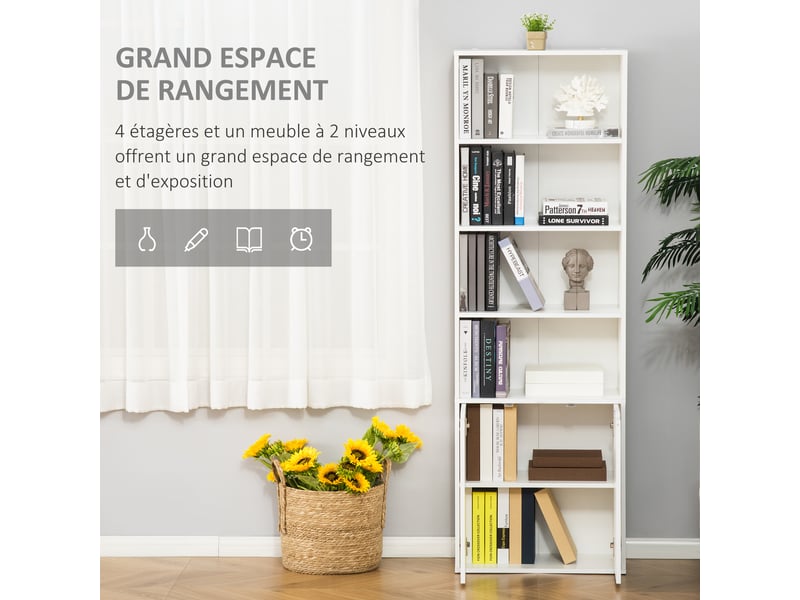  Bibliothèque armoire à livres avec 4 compartiments ouverts et 2 portes pour le salon et le bureau 59x29x180 cm blanc  - Conforama E