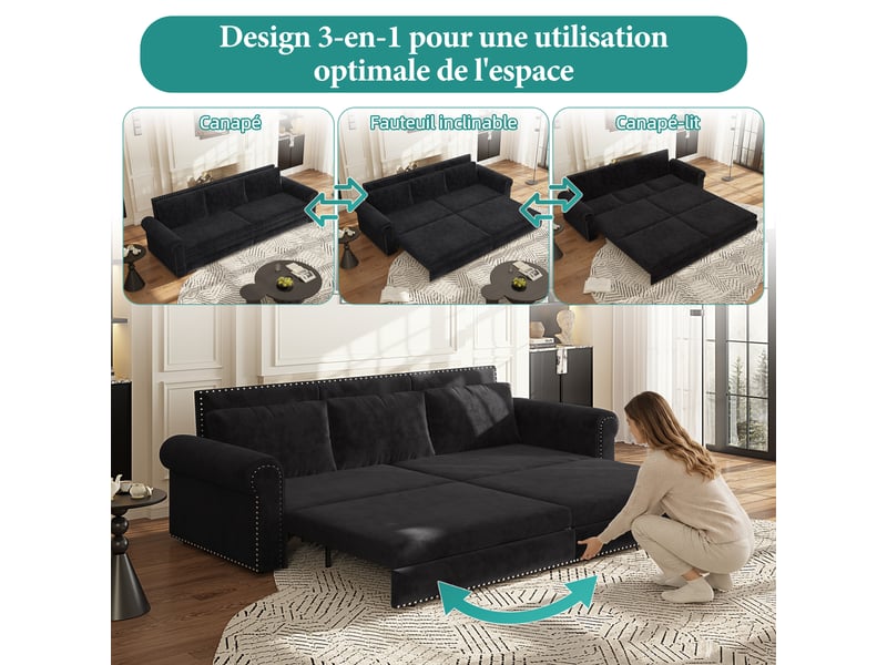  Canapé convertible 3 places noir en velours avec accoudoirs arrondis, 238 cm Fay Lum - Conforama D