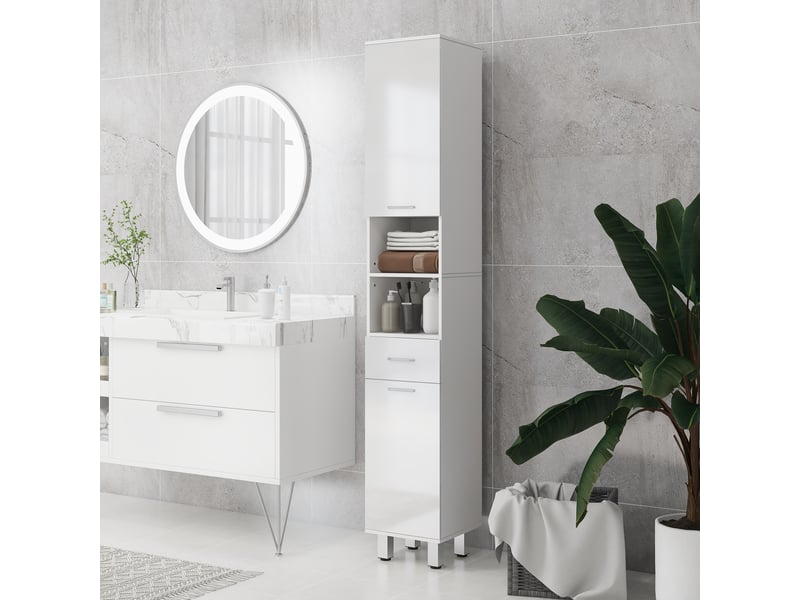  Meuble colonne salle de bain avec étagères réglables et compartiments ouverts, 30x30x180cm, blanc brillant  - Conforama B