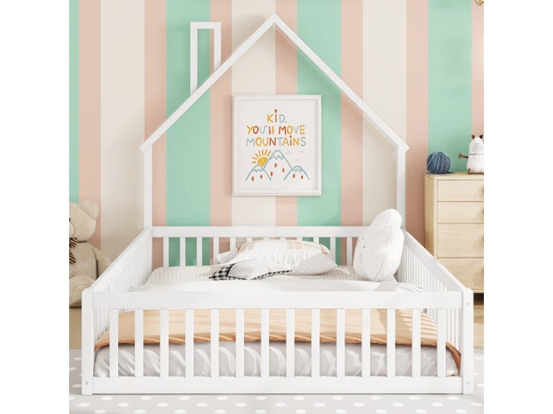  Lit enfant 140x200cm,lit double en pin avec barrière de sécurité,en forme de cheminée,blanc lit enfant blanc - Conforama B