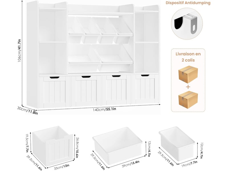  Meuble rangement enfant, bibliothèque enfant 140x30x106cm, blanc  - Conforama C