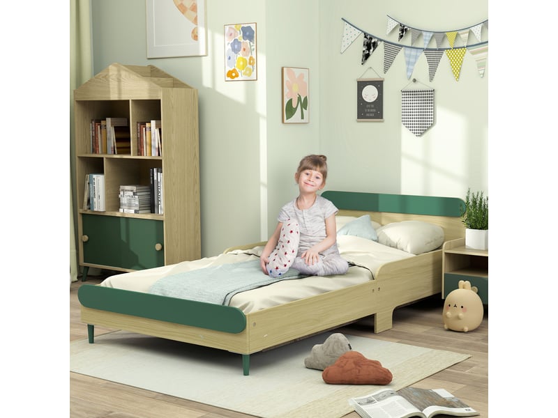  Lit pour enfant lit au sol enfant de 3 à 10 ans avec barrière de sécurité, vert, sommier à lattes inclus  - Conforama D