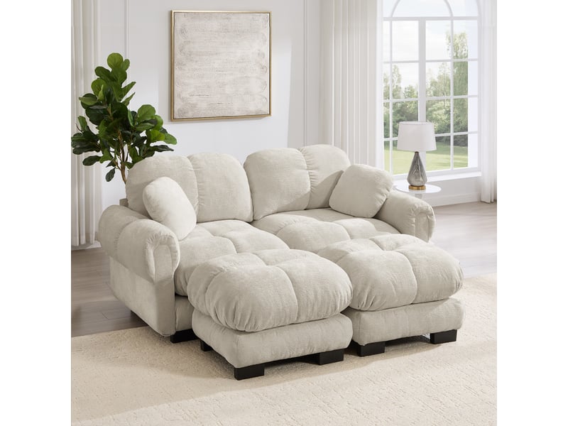 Canapé modulable, canapé 2 places, en chenille, kaki clair, avec pouf, adapté à l'espace de vie, pour salon - Conforama R