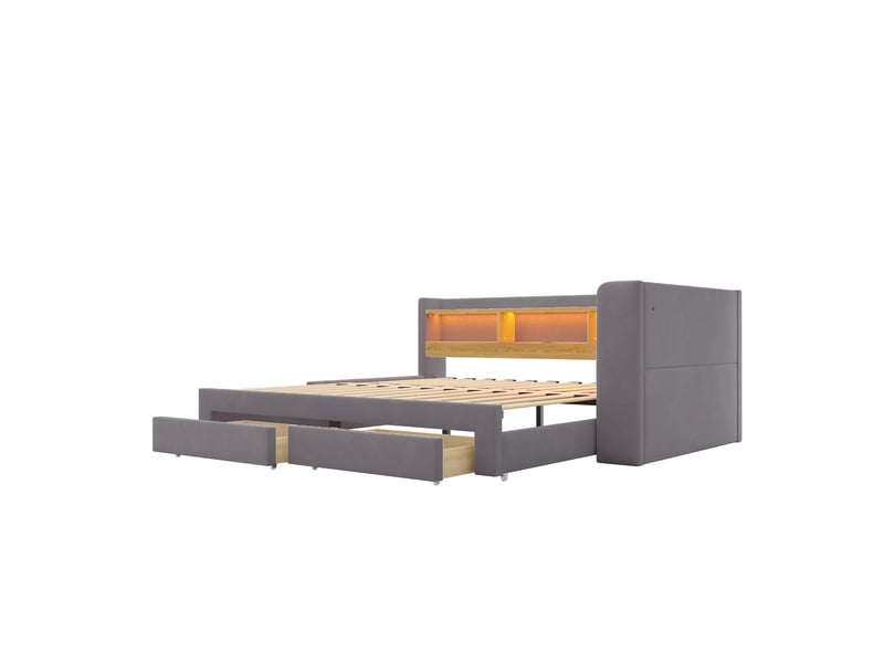 Canapé-lit rembourré 3-en-1, 90x200/180x200 cm,avec lit gigogne,tiroirs,led et prise,velours,gris foncé–banquette-lit d'angle,sans matelas - Conforama A