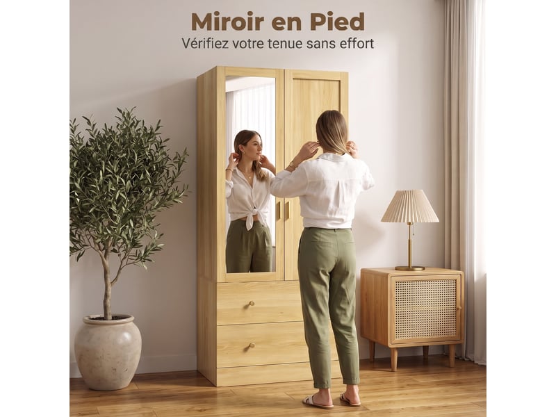  Armoire chambre penderie avec miroir, 2 portes, 2 tiroirs et barre de suspension, 80 x 50 x 180 cm, chêne  - Conforama R