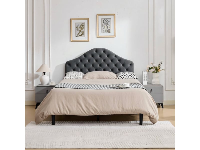  Cadre de lit 140x200, lit capitonné en velours gris avec tête de lit réglable  - Conforama C