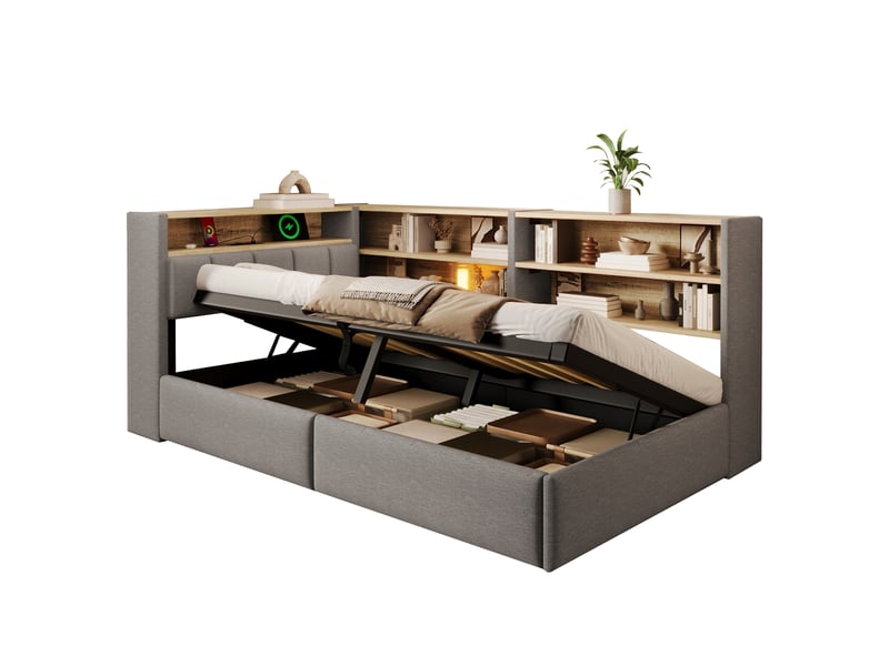 Canapé-lit 90 x 200 cm, suspension hydraulique, prise électrique, caisson latéral réversible (à gauche ou à droite) avec port usb et éclairage led, sans matelas, velours gris.  - Conforama A