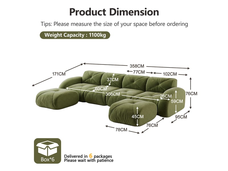 Canapé panoramique en u modulaire 4 places avec 2 poufs, sans cadre, sans montage, en chenille verte - Conforama E
