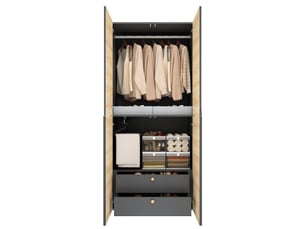 Armoire de chambre 90x50x200 cm avec 2 tiroirs, penderie et porte-pantalons, mdf, bois et gris