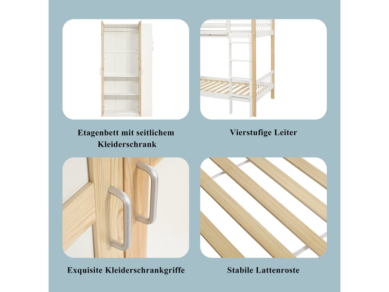 Lit superposé 90x200 cm avec 6 étagères, armoire latérale et escalier à 4 marches, barrières de sécurité, bois, mdf, blanc et bois - Conforama E