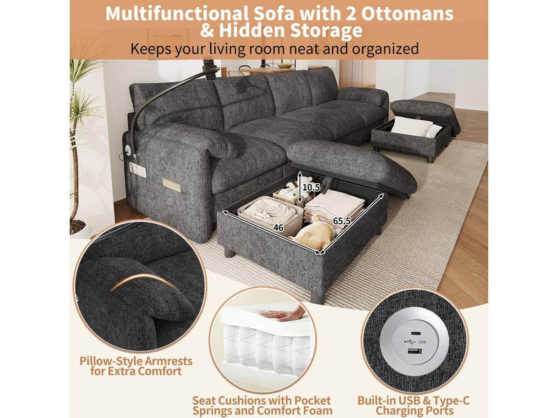  Canapé panoramique modulable 6 places, forme ul, 2 poufs avec rangement, usb et usb-c, support téléphone, chenille - gris  - Conforama D
