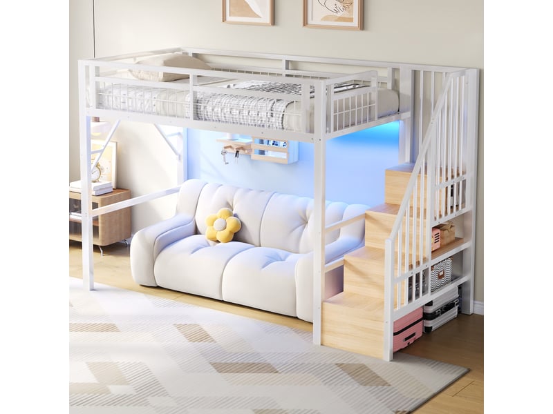 Lit mezzanine 90x200 cm, escalier avec rangement, led avec application, espace inférieur ouvert, métal et mdf, blanc OMNIGLINT TRADING LTD - Conforama D