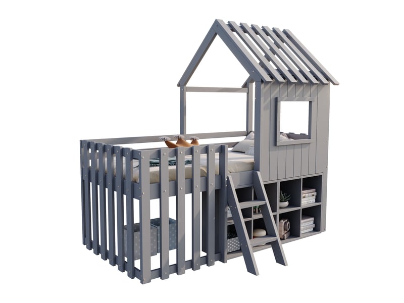 Lit avec rangement enfant 90x200 cm, étagère, toit, fenêtre, escalier, sommier, bois gris, sans matelas - Conforama A