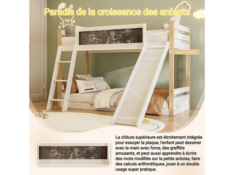  Lit superposé - enfants - toboggan - escalier - bois - blanc 203x95x127cm - Conforama D