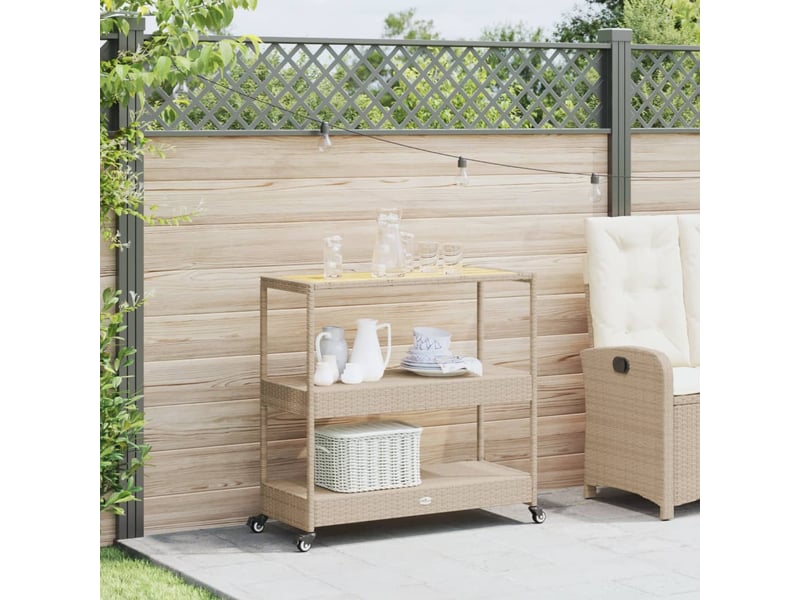  Chariot de service, chariot de bar 3 niveaux beige rotin et bois d'acacia massif  - Conforama C