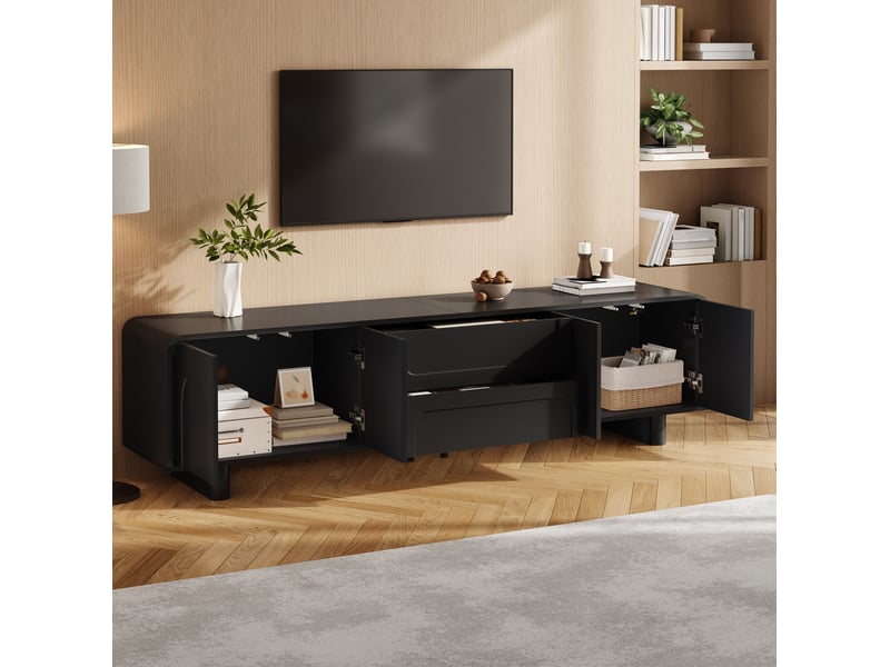  Meuble tv tcqpz 180 x 40 x 46 cm avec 4 portes 2 tiroirs passe-câbles mdf et panneaux de particules noir  - Conforama B