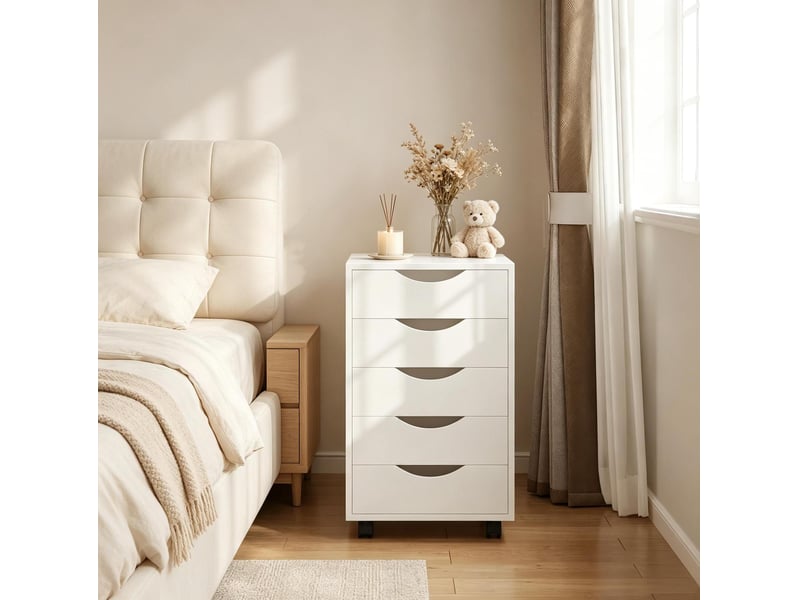  Caisson de bureau mobile 40x40x66,5 cm – blanc – 5 tiroirs, roulettes 360° avec freins intégrés  - Conforama E