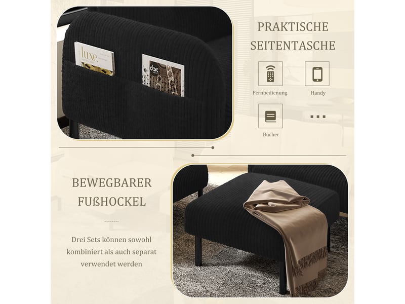  Canapé modulable, canapé 2 places : noir, avec repose-pieds, assise profonde, poches latérales  - Conforama W